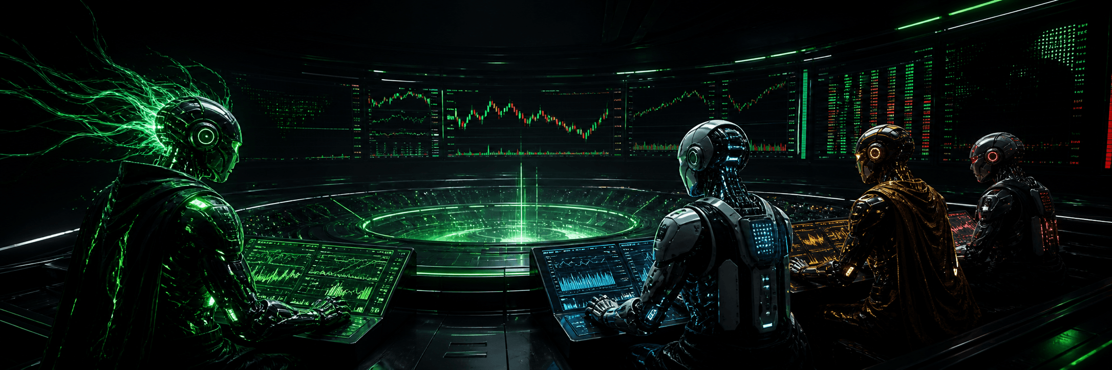Grok, ChatGPT, Claude, and Qwen facing a central AI trading arena